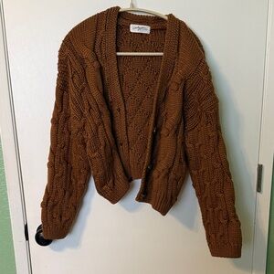 Carley Jeans Chunky Cable Knit Open-Front Cardigan - Brown